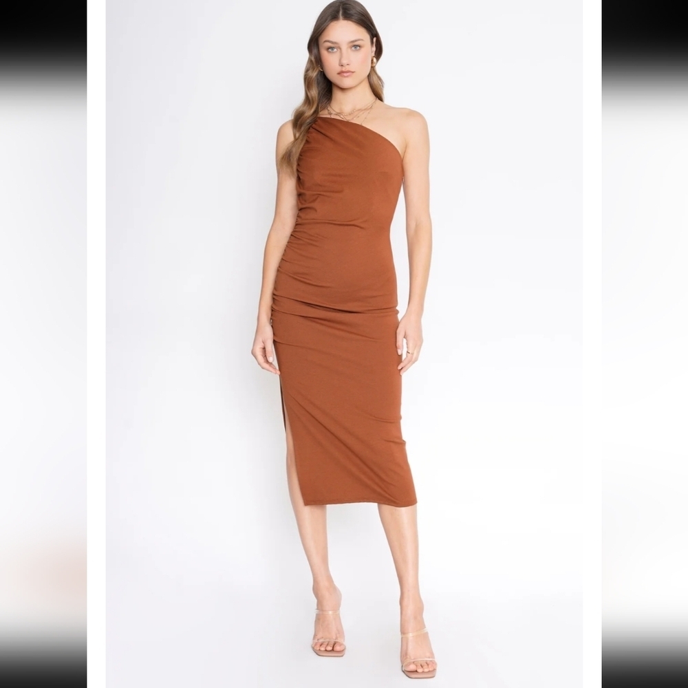 4SI3NNA One Shoulder Bodycon Slim Party Draped Dress Brown Side Slit Sz S New